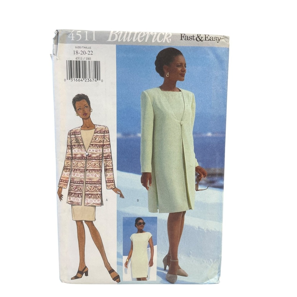 Butterick 4511 Misses Jacket Dress Sizes 18-22 1990s Fast & Easy